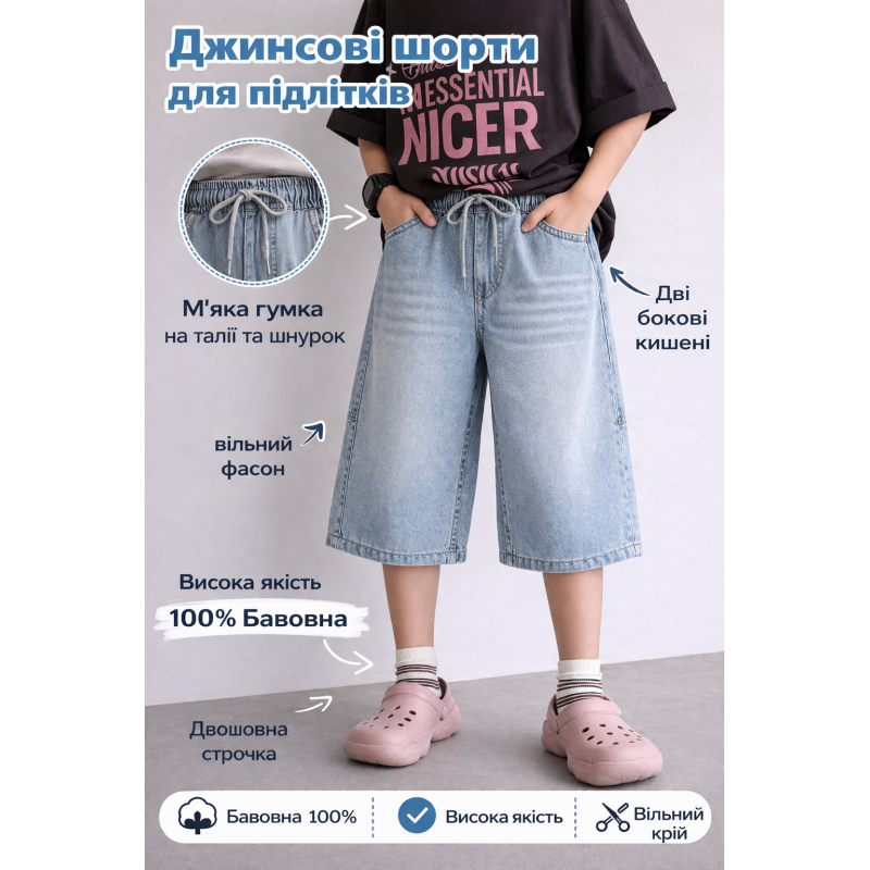 Джинсові шорти для хлопчика баггі Banzai X широкі підліткові на літній гумці, 164, Блакитний