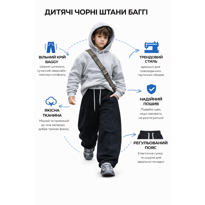 Дитячі спортивні штани баггі KDBB для хлопчика широкі трикотажні оверсайз streetwear,Чорний ,122