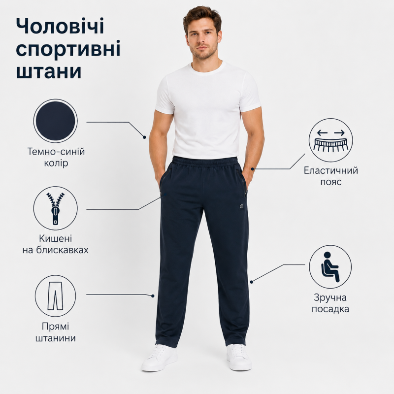 Чоловічі спортивні штани Lonn прямі без манжету - полірована бавовна, 3 кишені на блискавках, XL, Темно-синій