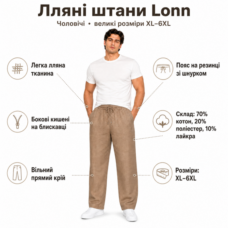 Штани Lonn чоловічі лляні XL-6XL літні рівні на резинці, 4XL, Бежевий