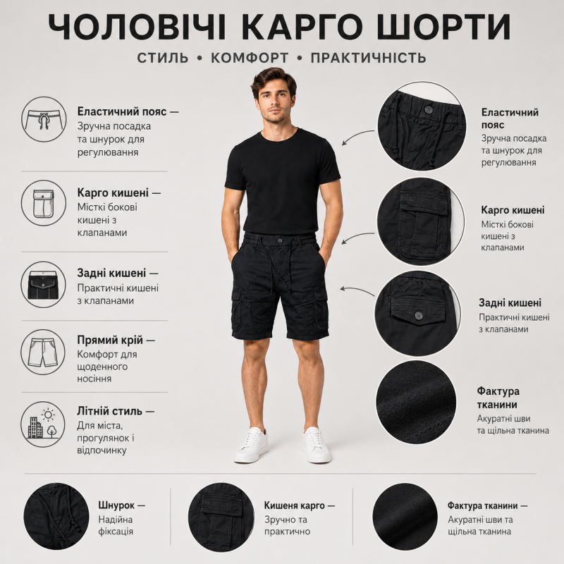 Чоловічі шорти Iteno Lionesa карго на гумці - літня модель з кишенями,38, Чорний