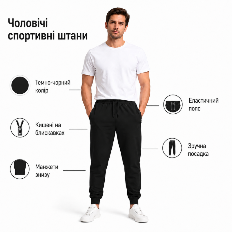 Спортивні штани Lonn чоловічі з манжетом — полірована бавовна, 3 кишені на блискавці,XXL, Чорний
