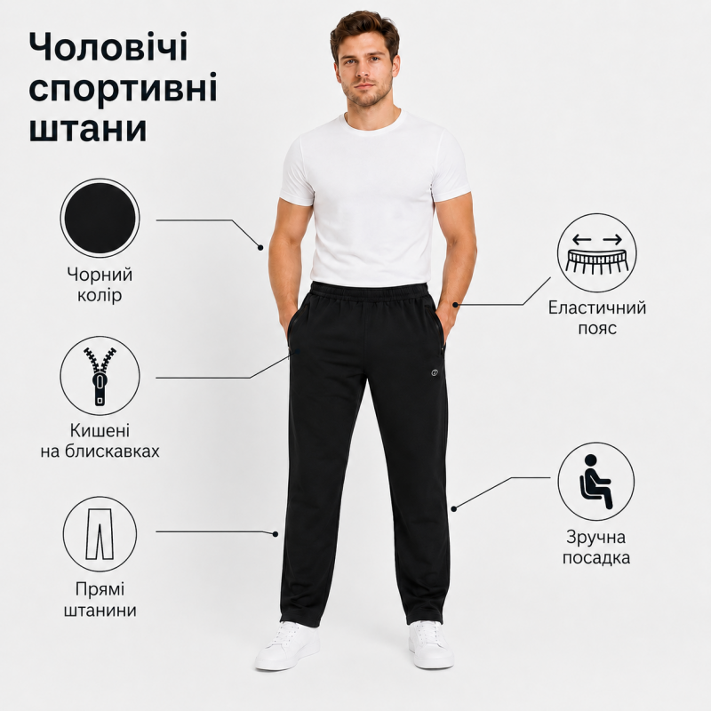 Чоловічі спортивні штани Lonn прямі без манжету - полірована бавовна, 3 кишені на блискавках,XXXL, Чорний