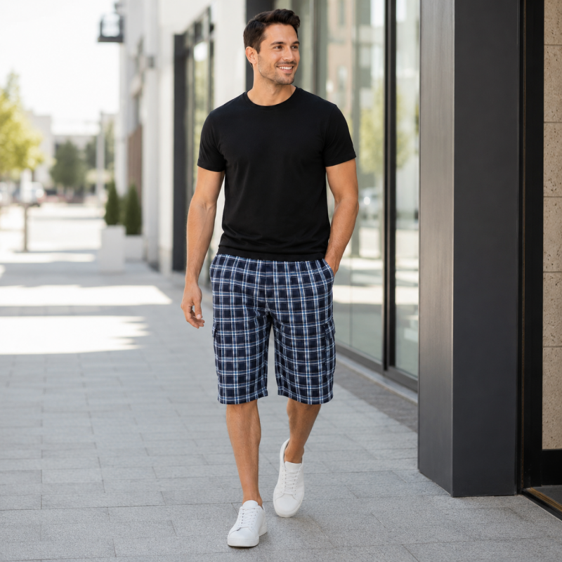 Чоловічі бриджі Sport в клітинку XL-5XL - легкі шорти з карго кишенею,Синій з блакитним, XXXL