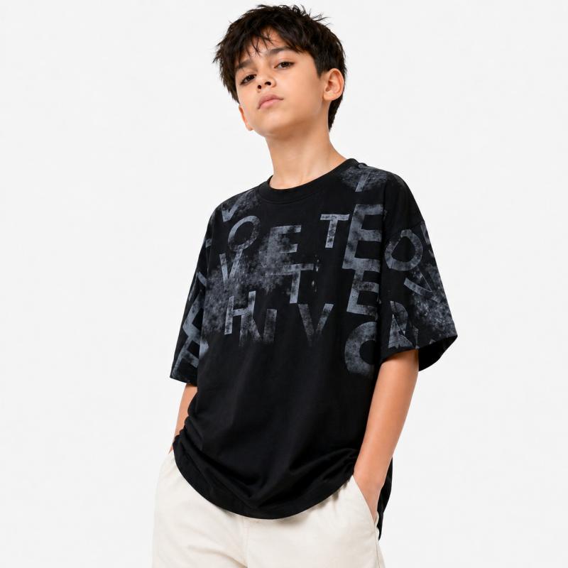 Футболка оверсайз Qilizai для хлопчика 9-15 років з літерами та написами підліткова,Чорний, 146