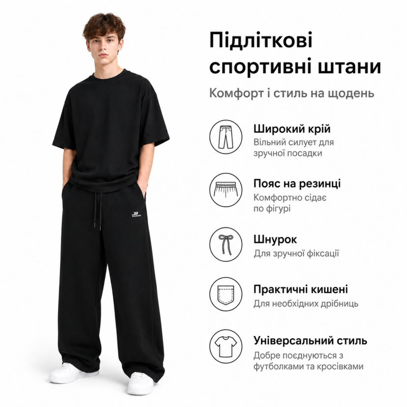 Спортивні штани GMWL баггі для хлопчика 12-17 років - широкі підліткові штани,Чорний, 152