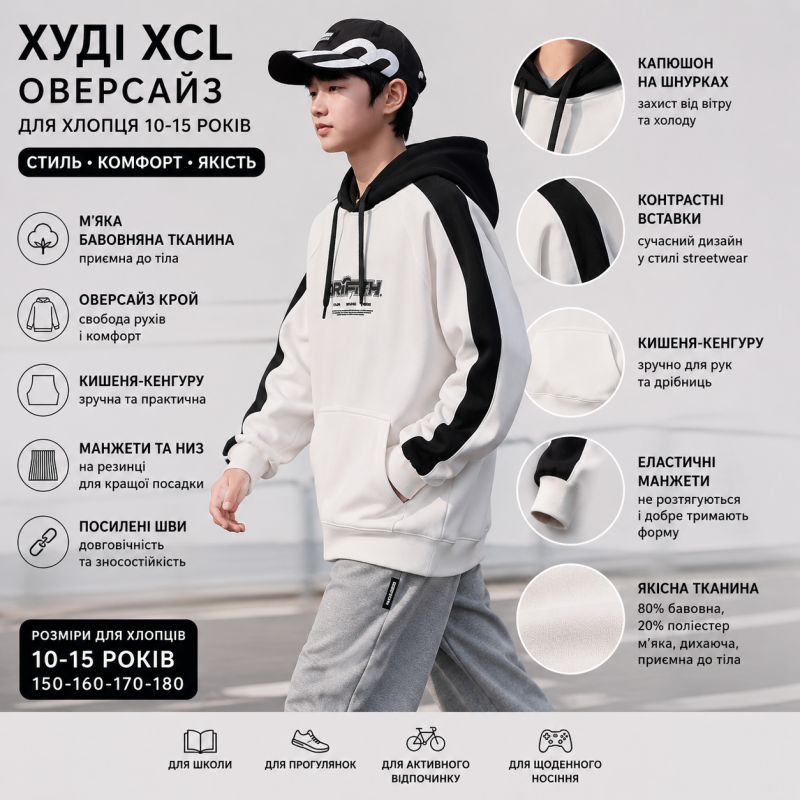 Худі XCL оверсайз для хлопчика 10-15 років зі смугою,Білий, 158